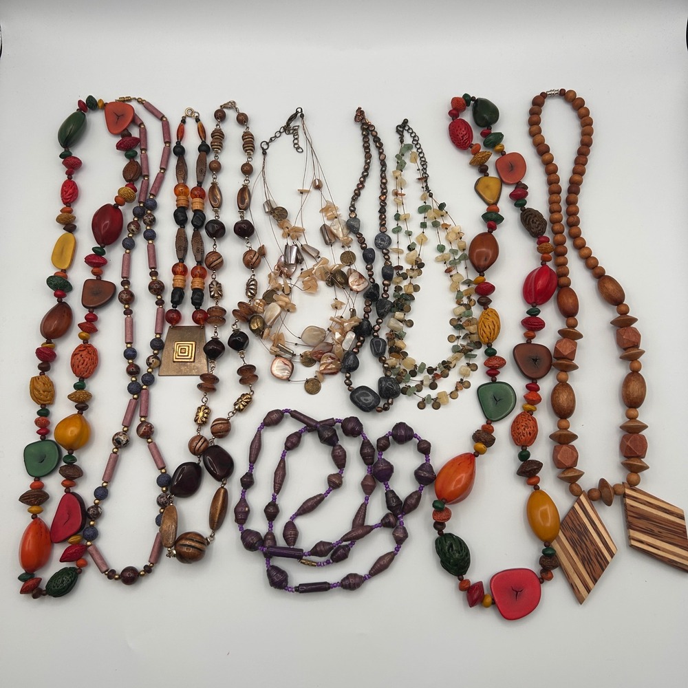 Vtg Mod Boho Necklace Lot 10 Natural Wood Tagua Nut Shell Stone Paper Bead Mixed